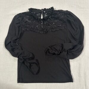 Black Victorian Whimsigoth Lace & Ribbed High Neck Blouse • Ruched Sleeves